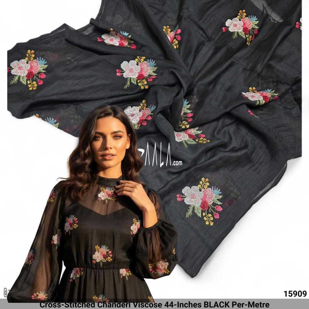 Cross-Stitched Chanderi Viscose 44-Inches BLACK Per-Metre