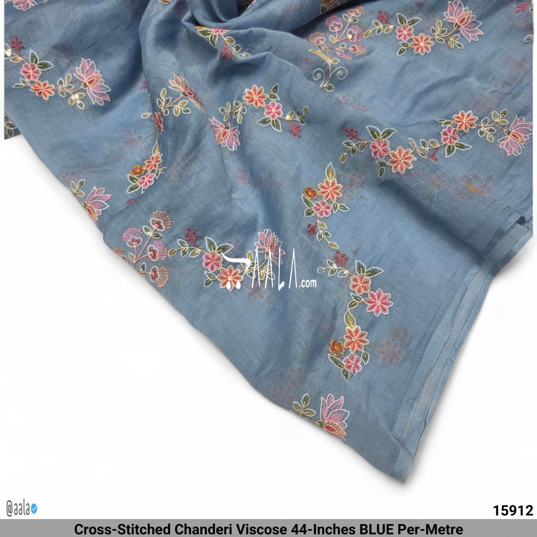 Cross-Stitched Chanderi Viscose 44-Inches BLUE Per-Metre