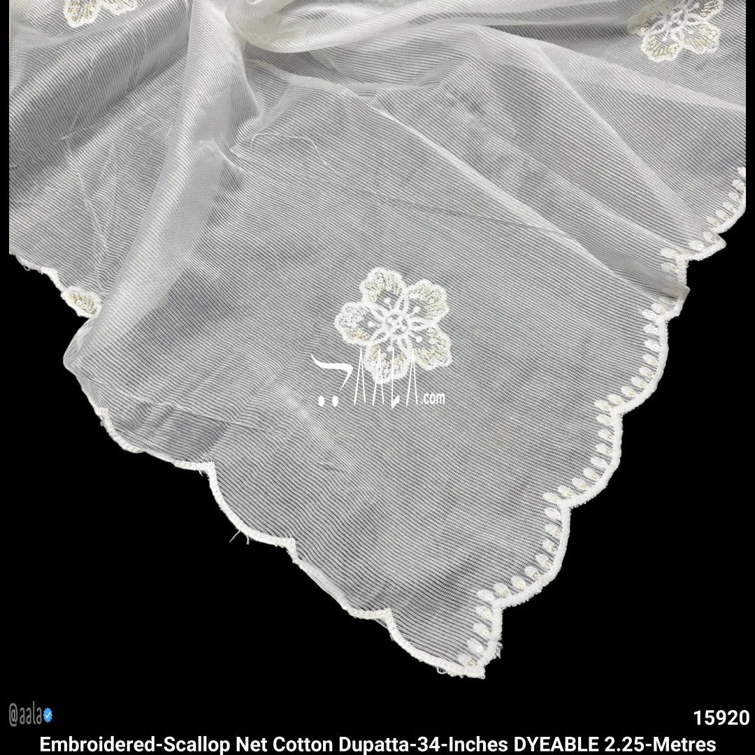 Embroidered-Scallop Net Cotton Dupatta-34-Inches DYEABLE 2.25-Metres