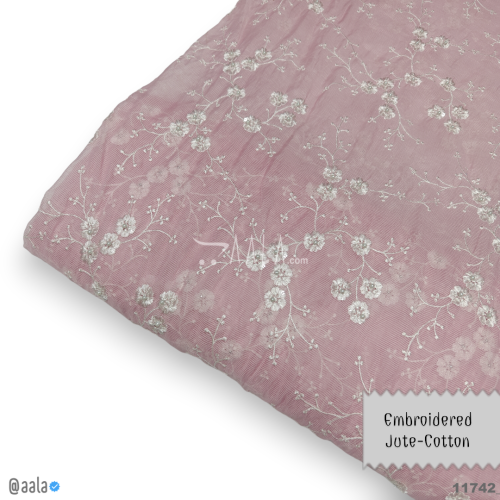 Embroidered-Jute Cotton Cotton 44-Inches PEACH Per-Metre #11742