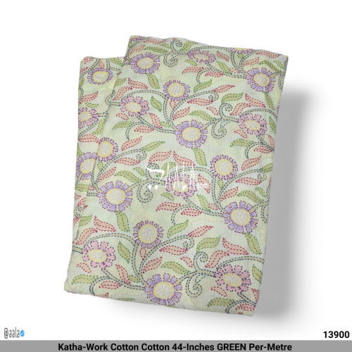 Katha-Work Cotton Cotton 44-Inches GREEN Per-Metre #13900