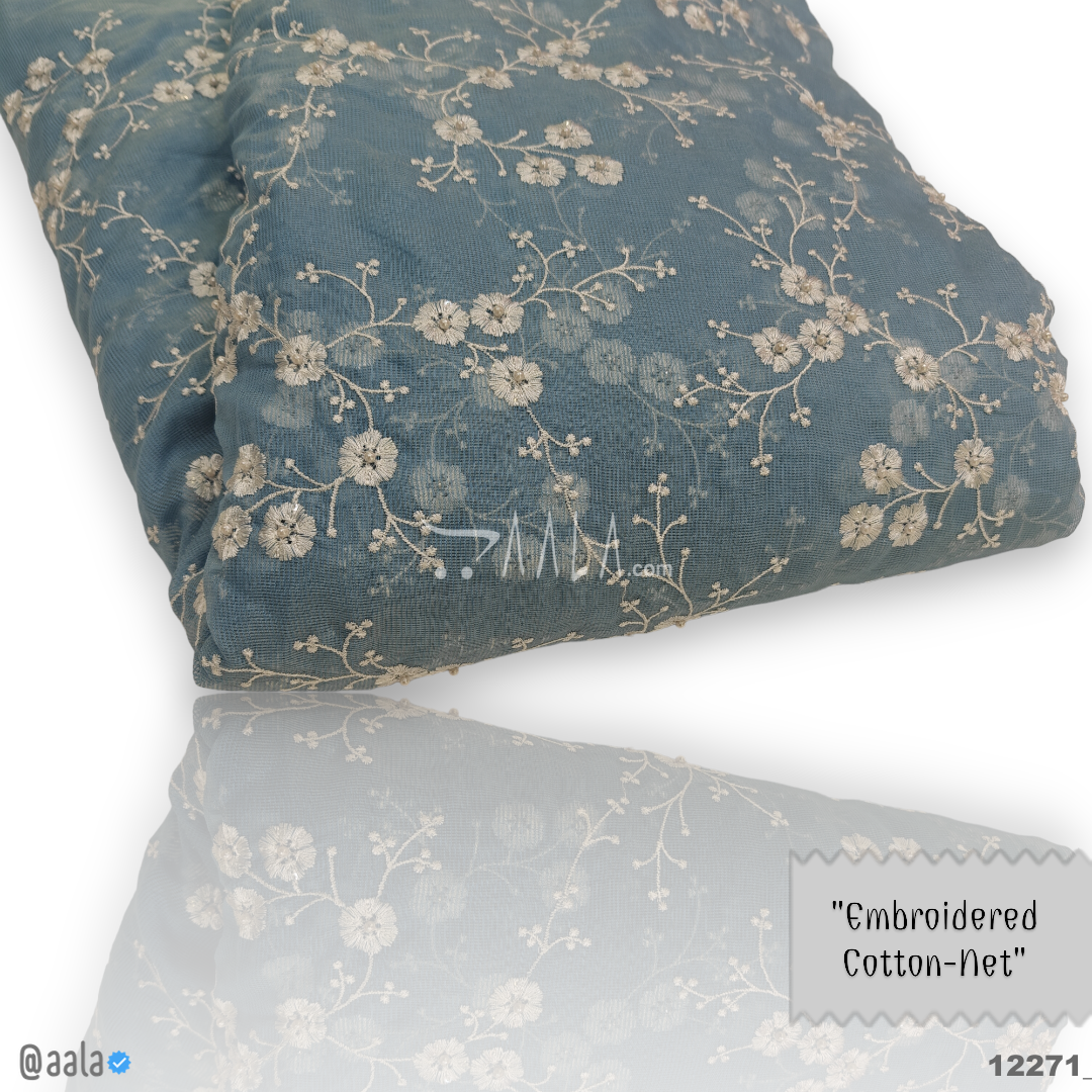 Embroidered-Jute Cotton Cotton 44-Inches BLUE Per-Metre 