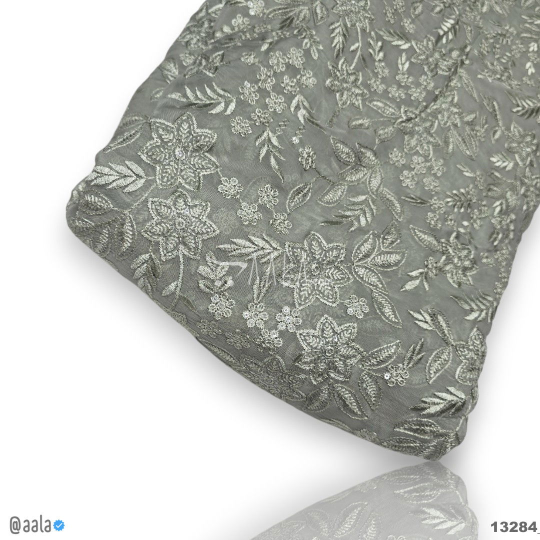 Embroidered Organza Viscose 44-Inches GREEN Per-Metre 