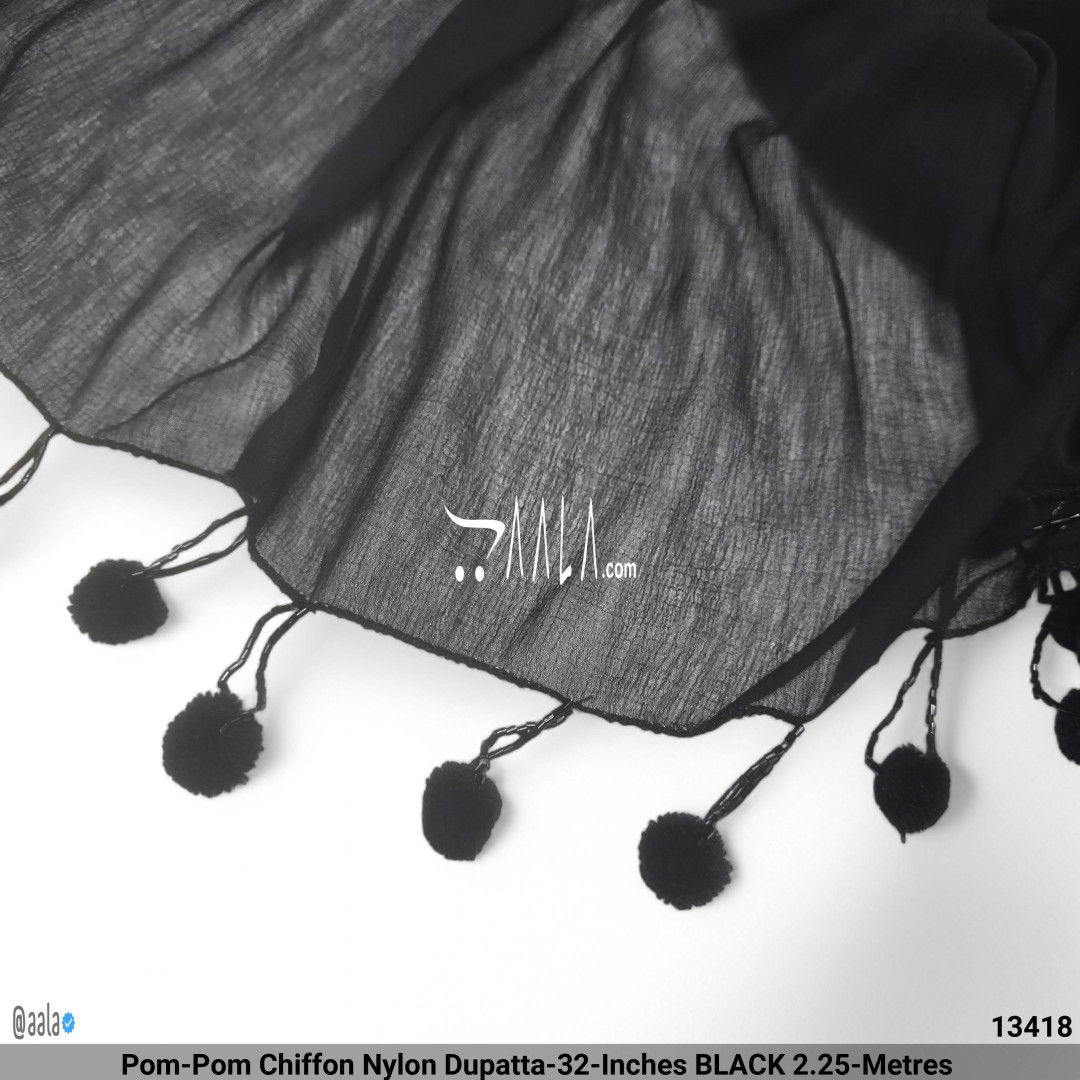Pom-Pom Chiffon Nylon Dupatta-32-Inches BLACK 2.25-Metres 