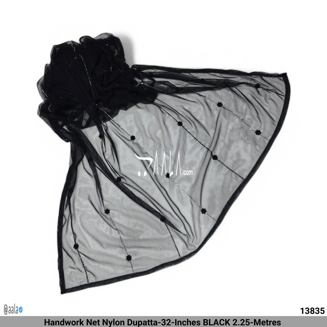 Handwork Net Nylon Dupatta-32-Inches BLACK 2.25-Metres #13835