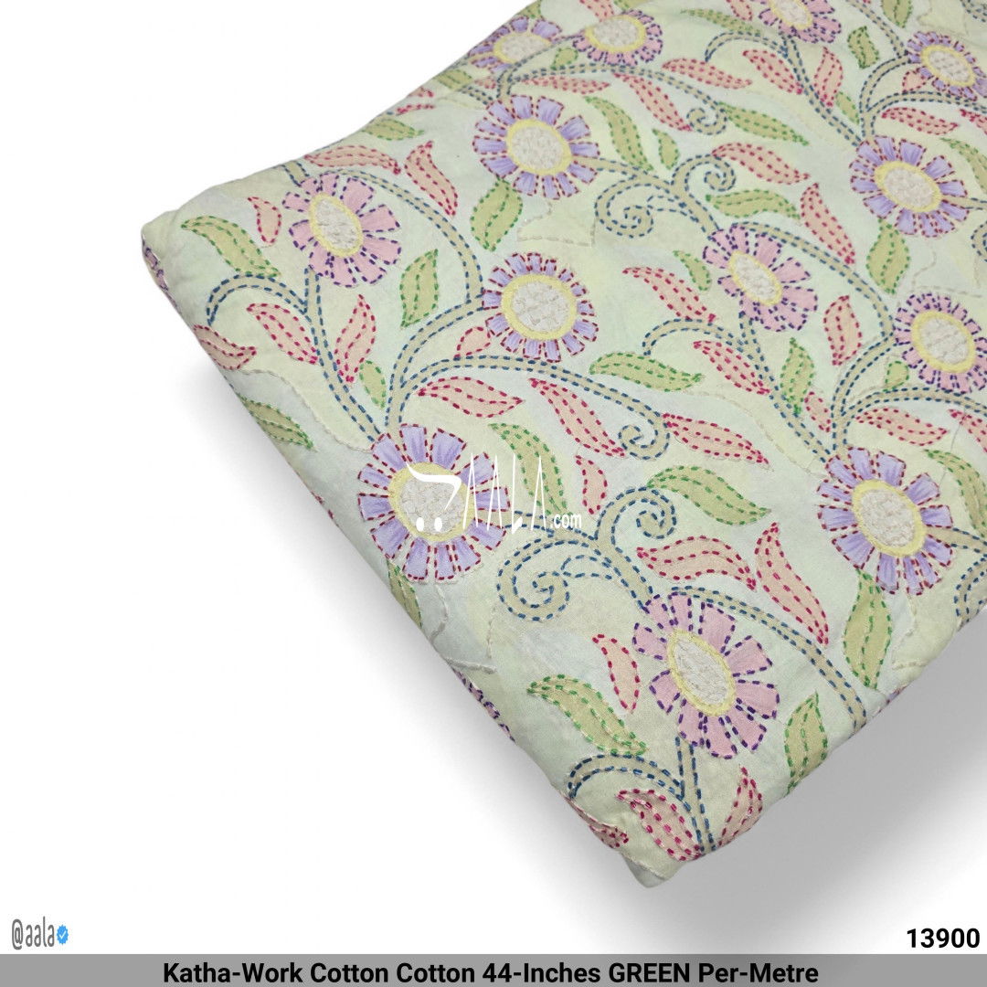 Katha-Work Cotton Cotton 44-Inches GREEN Per-Metre #13900