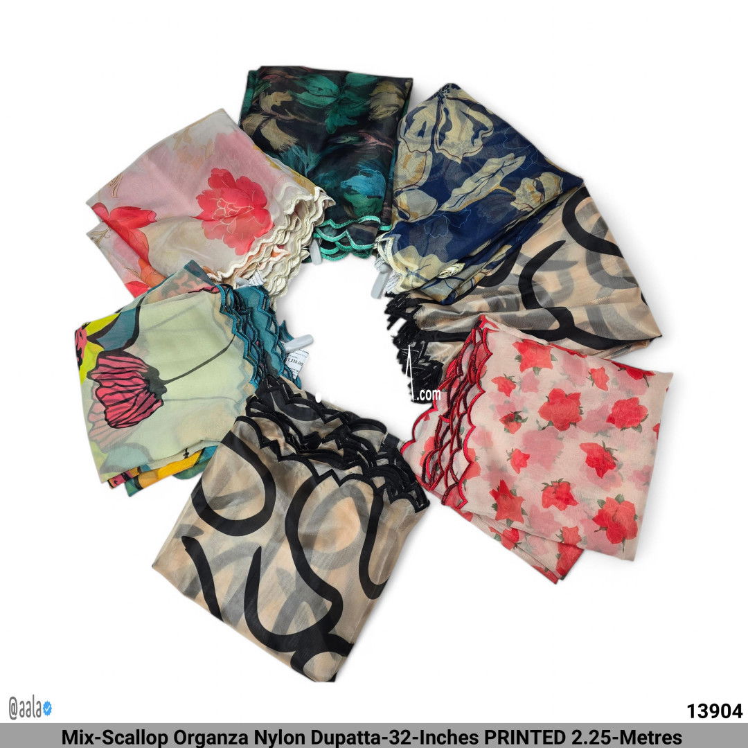 Mix-Scallop Organza Nylon Dupatta-32-Inches PRINTED 2.25-Metres #13904
