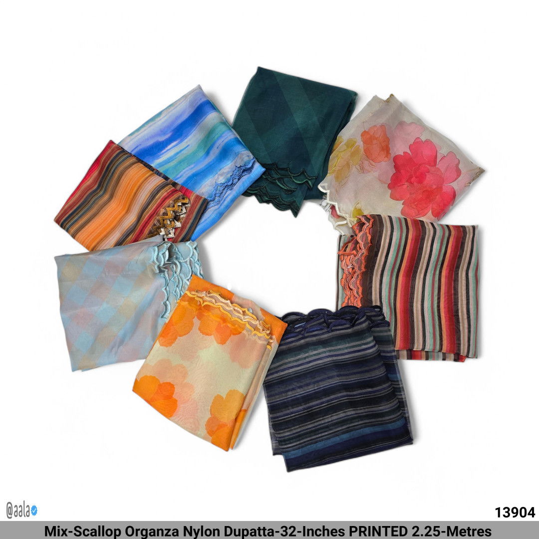 Mix-Scallop Organza Nylon Dupatta-32-Inches PRINTED 2.25-Metres #13904