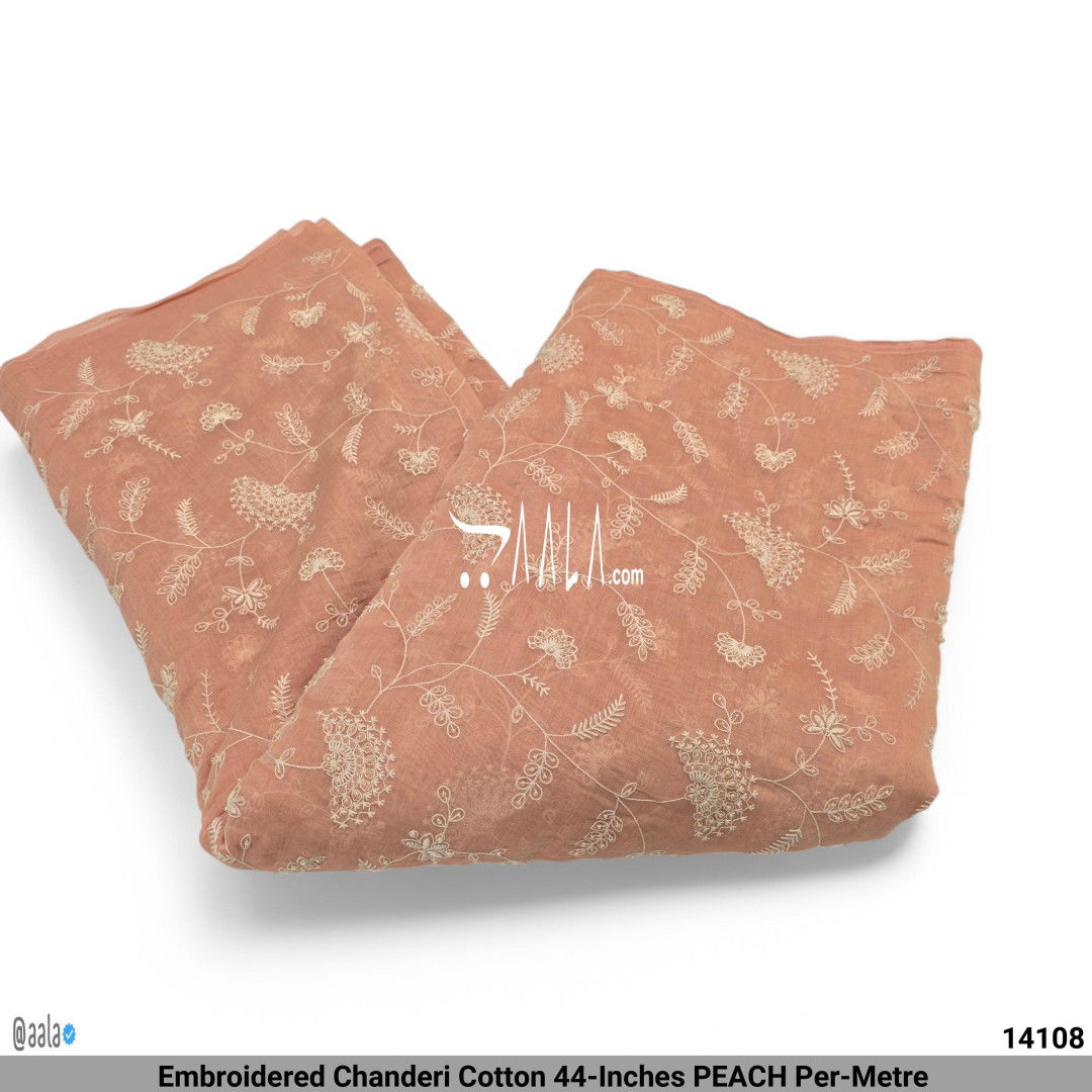 Embroidered Chanderi Cotton 44-Inches PEACH Per-Metre #14108