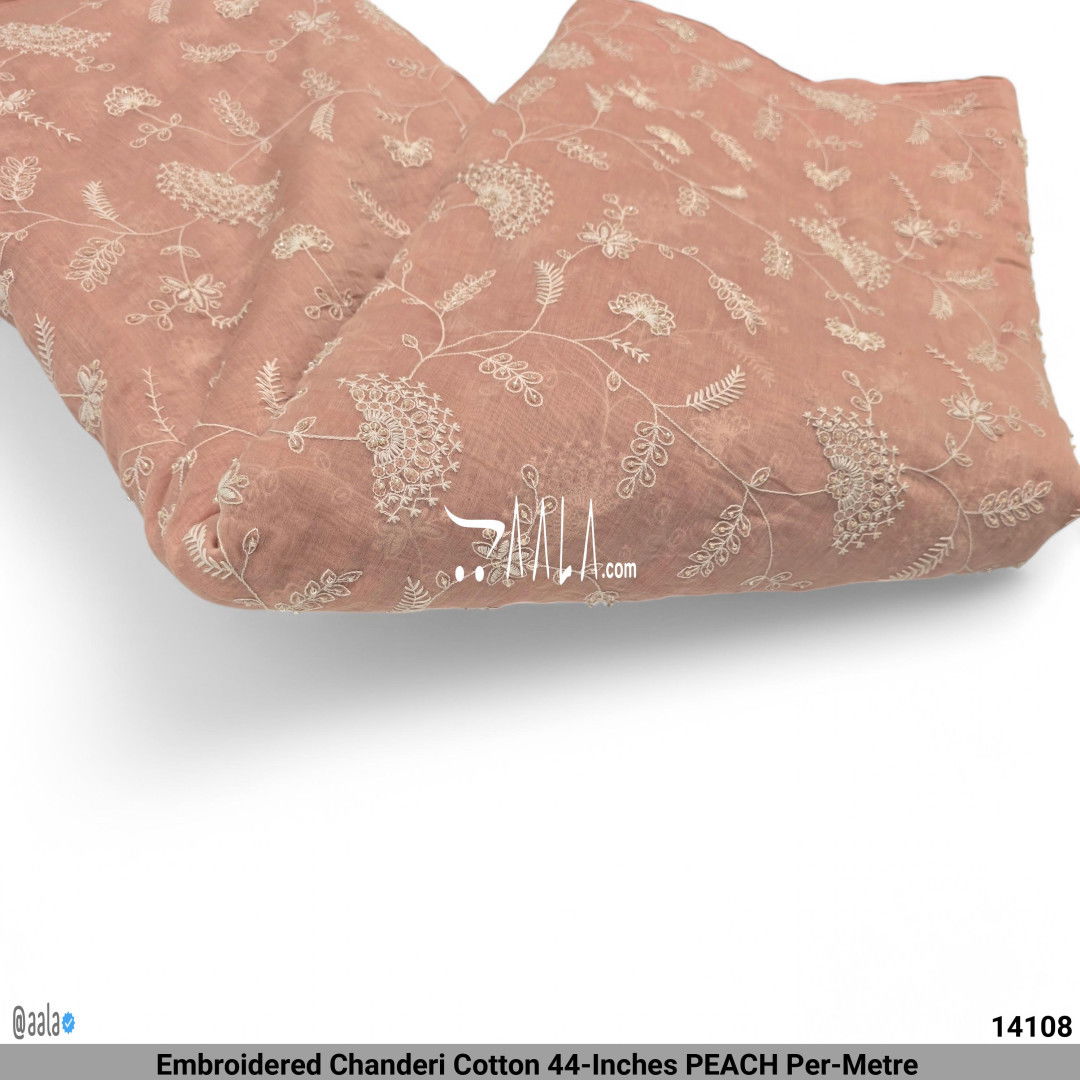 Embroidered Chanderi Cotton 44-Inches PEACH Per-Metre #14108