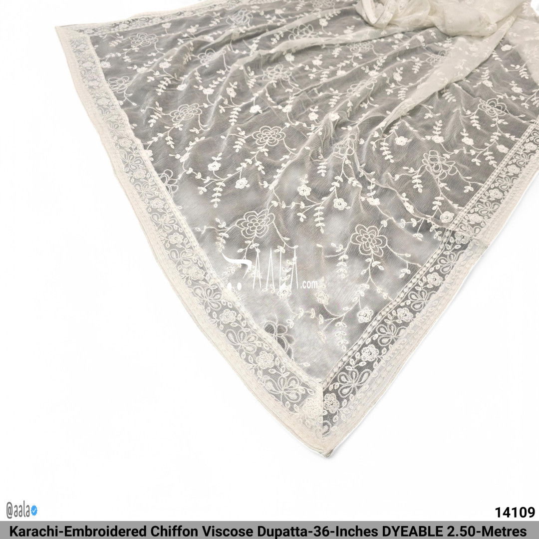 Karachi-Embroidered Chiffon Viscose Dupatta-36-Inches DYEABLE 2.50-Metres #14109