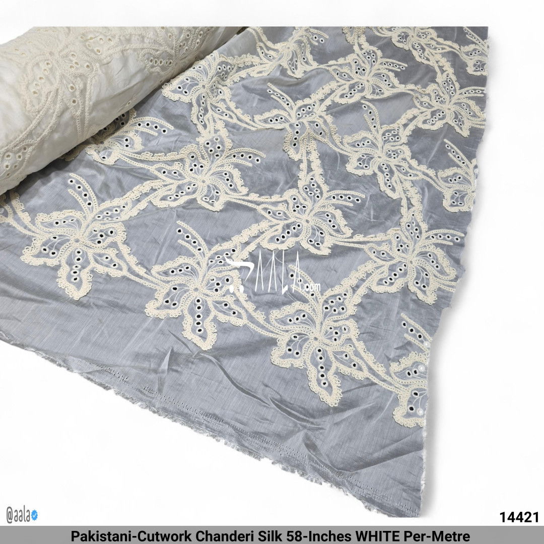 Pakistani-Cutwork Chanderi Silk 58-Inches WHITE Per-Metre #14421