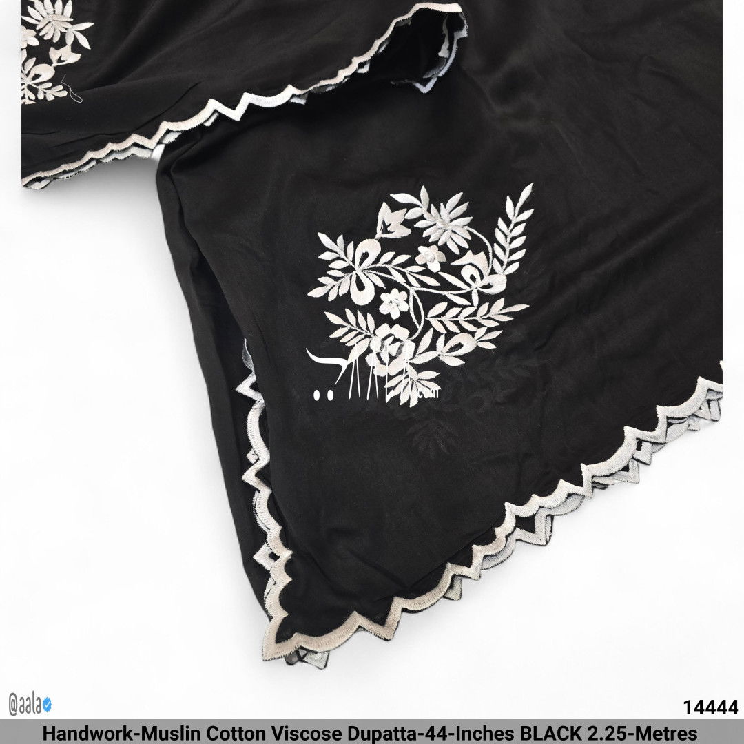 Handwork-Muslin Cotton Viscose Dupatta-44-Inches BLACK 2.25-Metres #14444