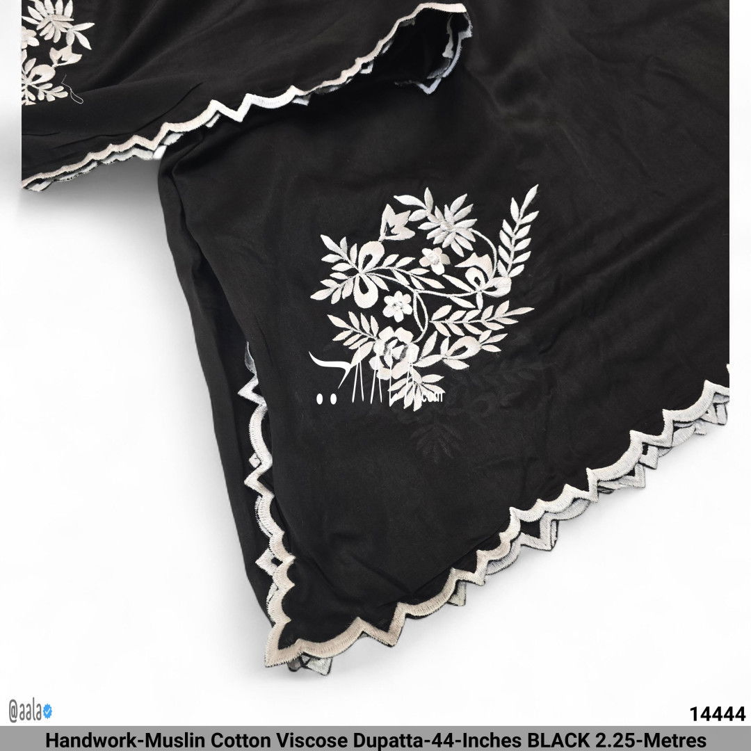 Handwork-Muslin Cotton Viscose Dupatta-44-Inches BLACK 2.25-Metres