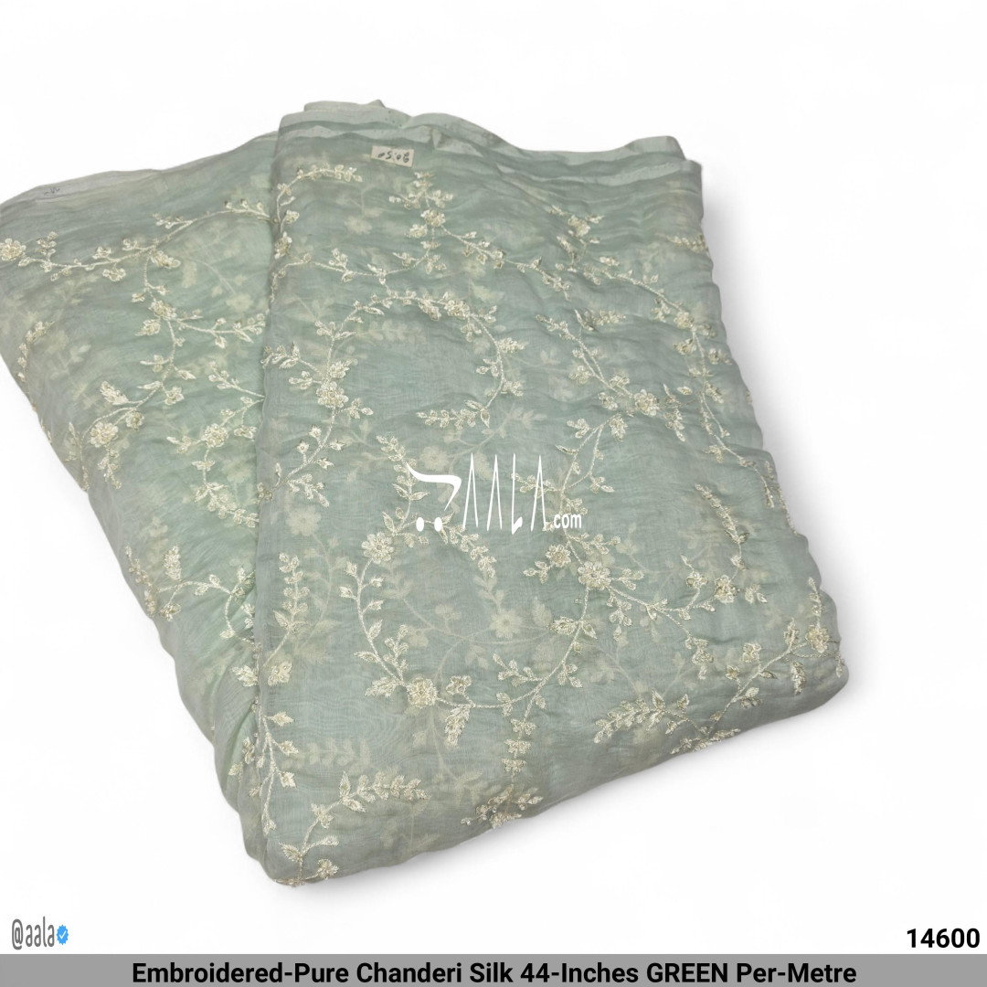 Embroidered-Pure Chanderi Silk 44-Inches GREEN Per-Metre