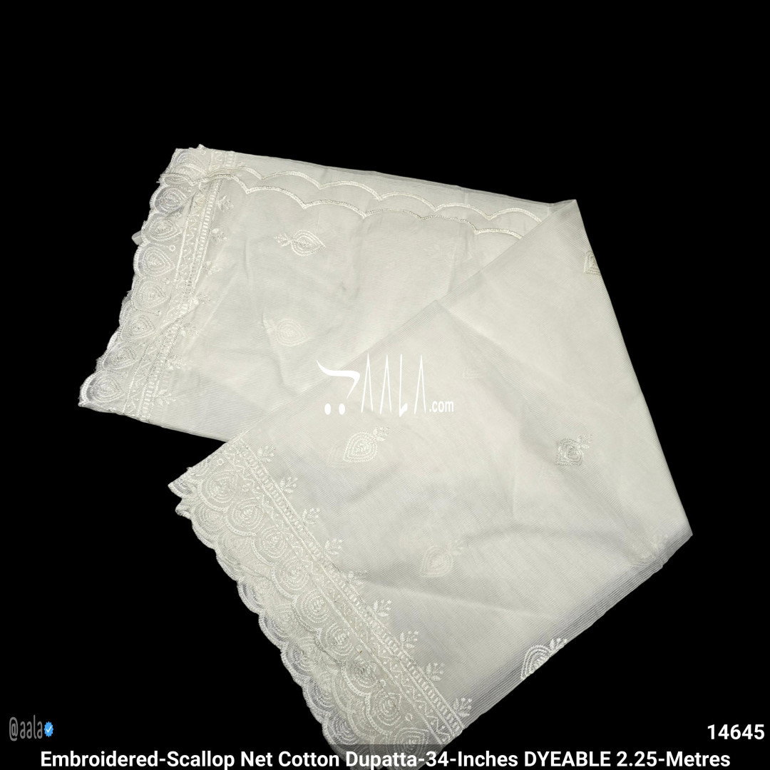 Embroidered-Scallop Net Cotton Dupatta-34-Inches DYEABLE 2.25-Metres