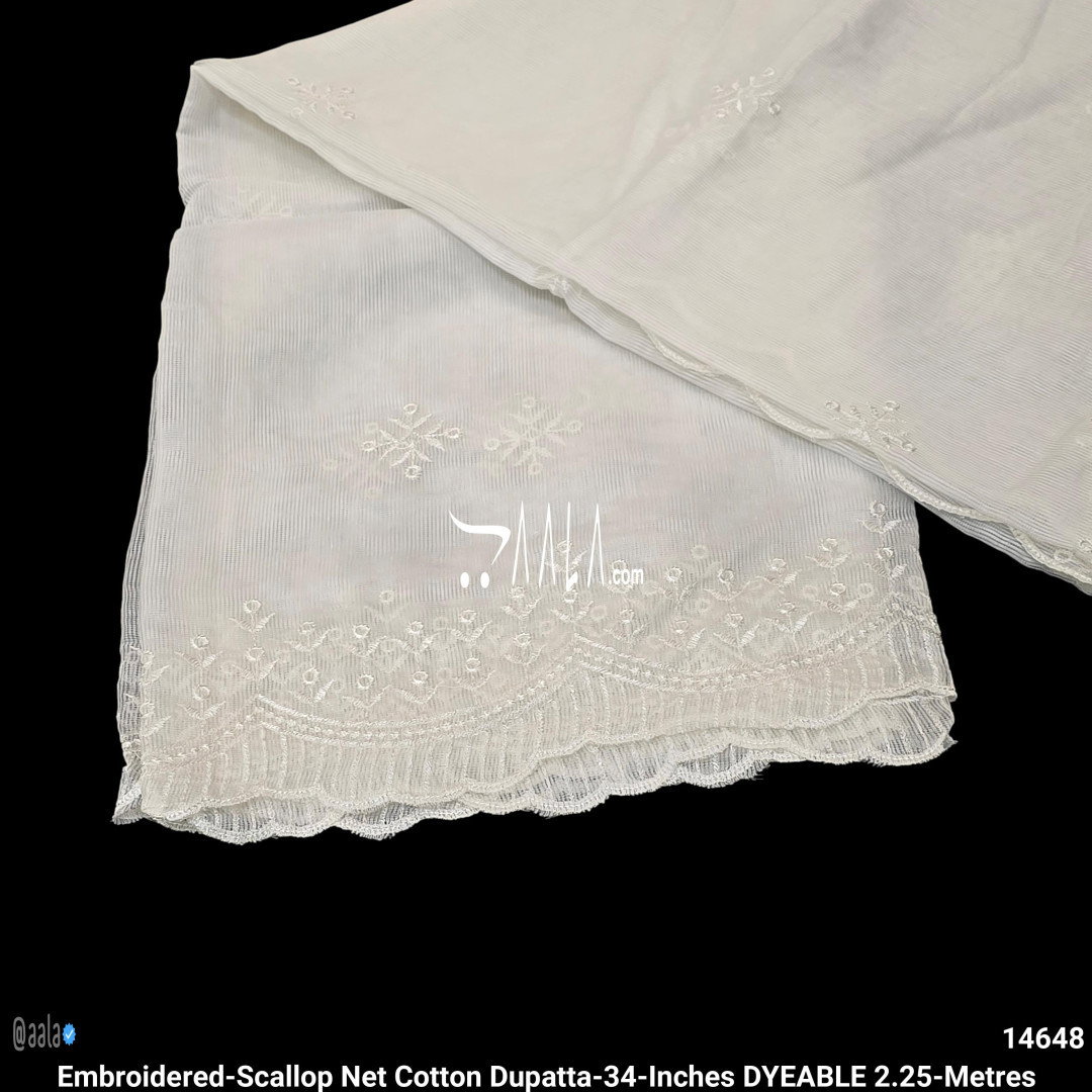 Embroidered-Scallop Net Cotton Dupatta-34-Inches DYEABLE 2.25-Metres