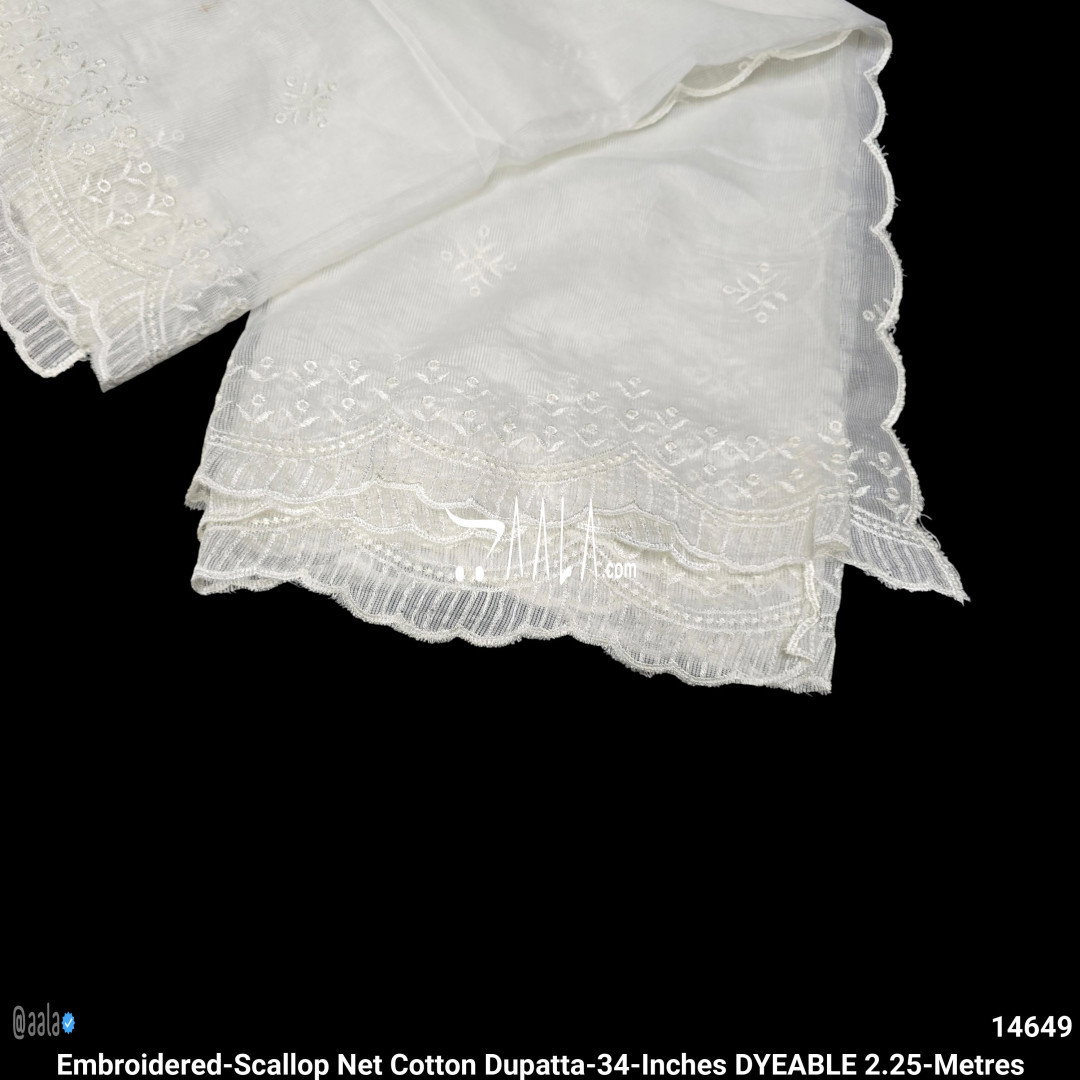 Embroidered-Scallop Net Cotton Dupatta-34-Inches DYEABLE 2.25-Metres