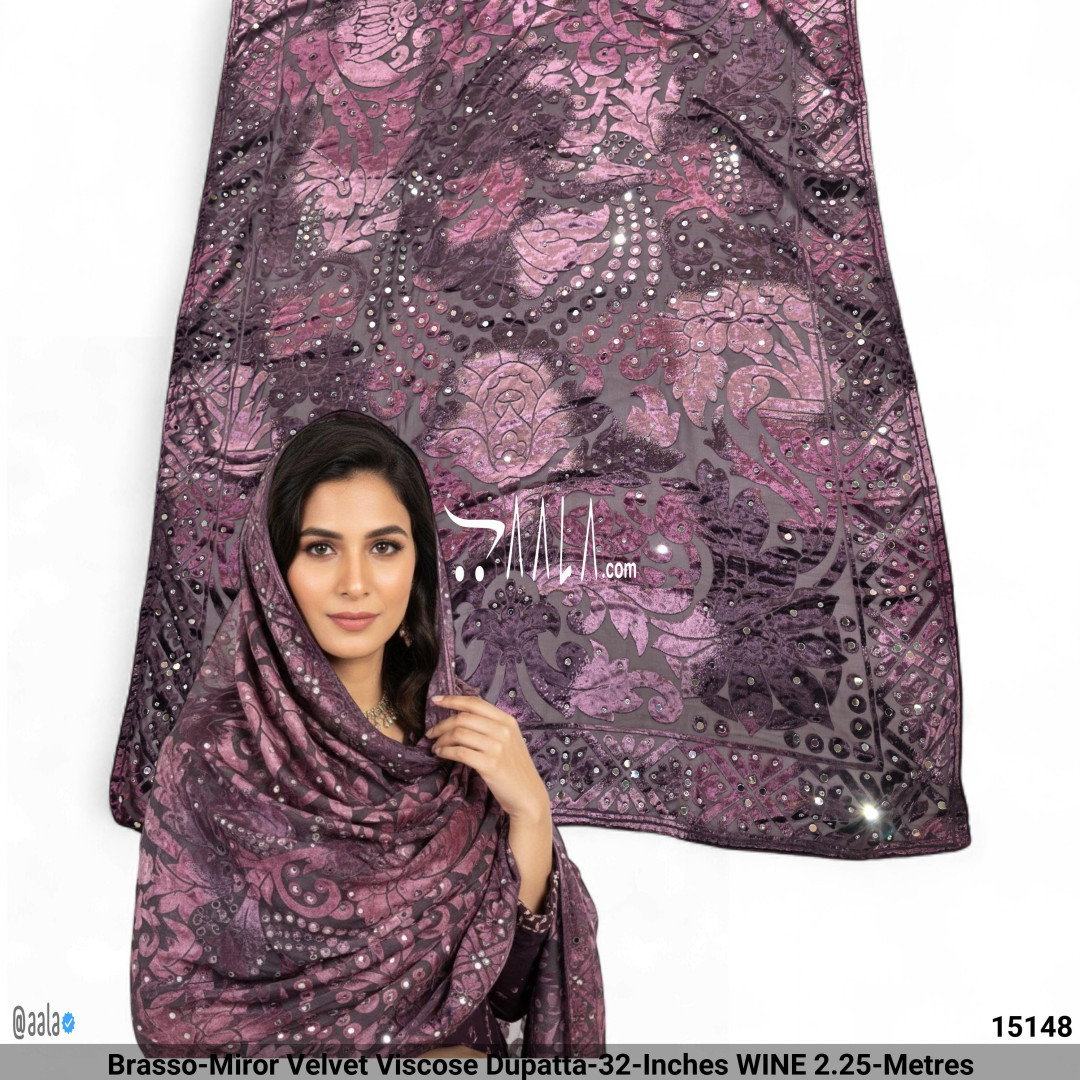 Brasso-Miror Velvet Viscose Dupatta-32-Inches WINE 2.25-Metres