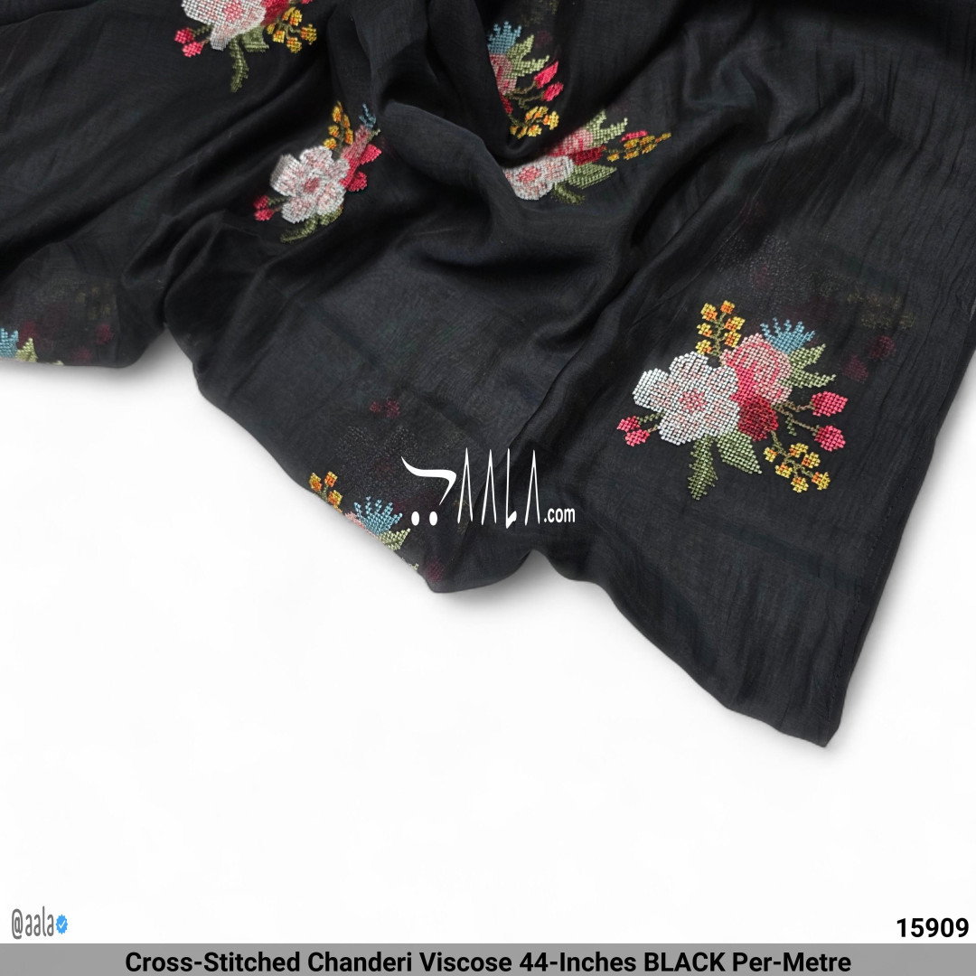 Cross-Stitched Chanderi Viscose 44-Inches BLACK Per-Metre