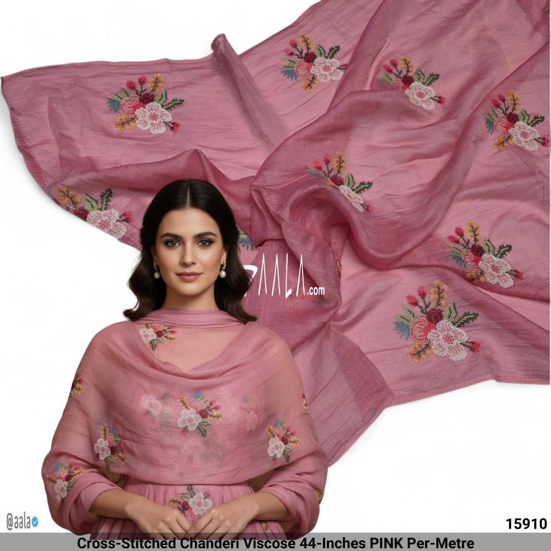 Cross-Stitched Chanderi Viscose 44-Inches PINK Per-Metre