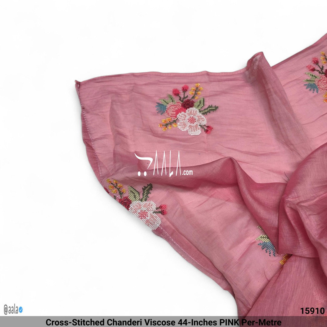 Cross-Stitched Chanderi Viscose 44-Inches PINK Per-Metre
