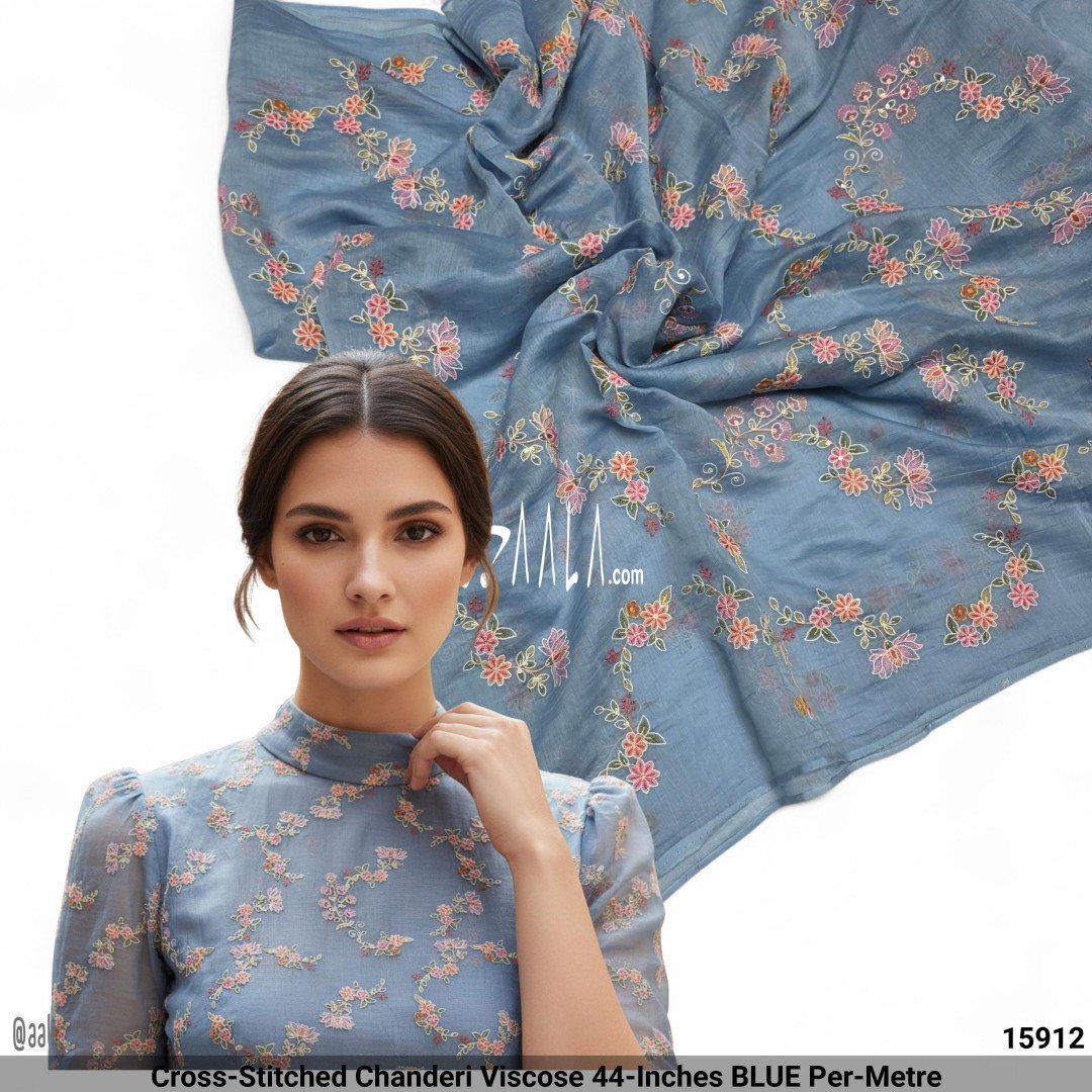 Cross-Stitched Chanderi Viscose 44-Inches BLUE Per-Metre