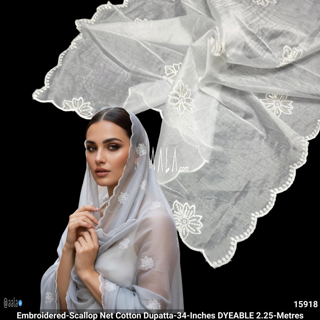 Embroidered-Scallop Net Cotton Dupatta-34-Inches DYEABLE 2.25-Metres