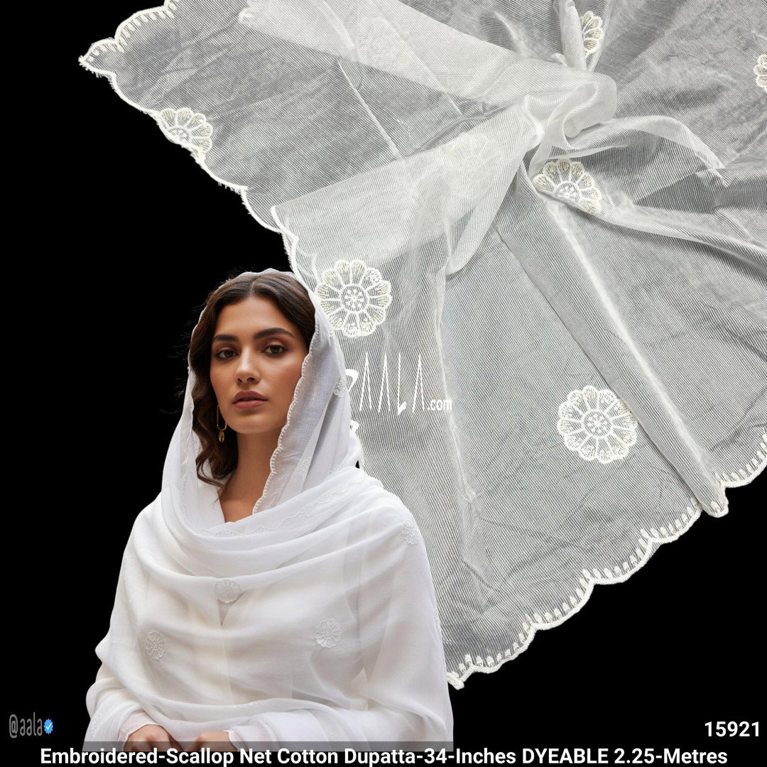 Embroidered-Scallop Net Cotton Dupatta-34-Inches DYEABLE 2.25-Metres