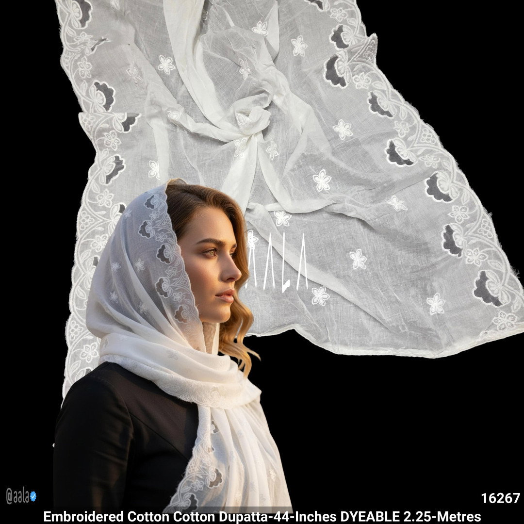 Embroidered Cotton Cotton Dupatta-44-Inches DYEABLE 2.25-Metres