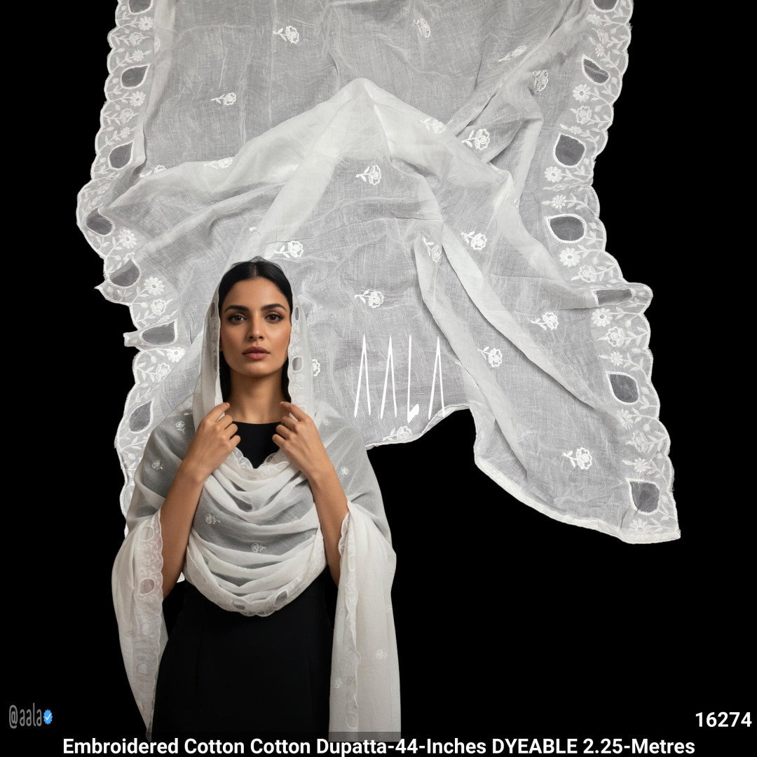 Embroidered Cotton Cotton Dupatta-44-Inches DYEABLE 2.25-Metres