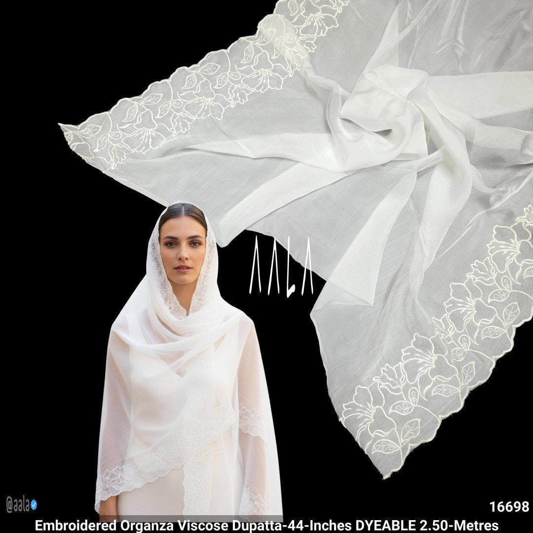 Embroidered Organza Viscose Dupatta-44-Inches DYEABLE 2.50-Metres