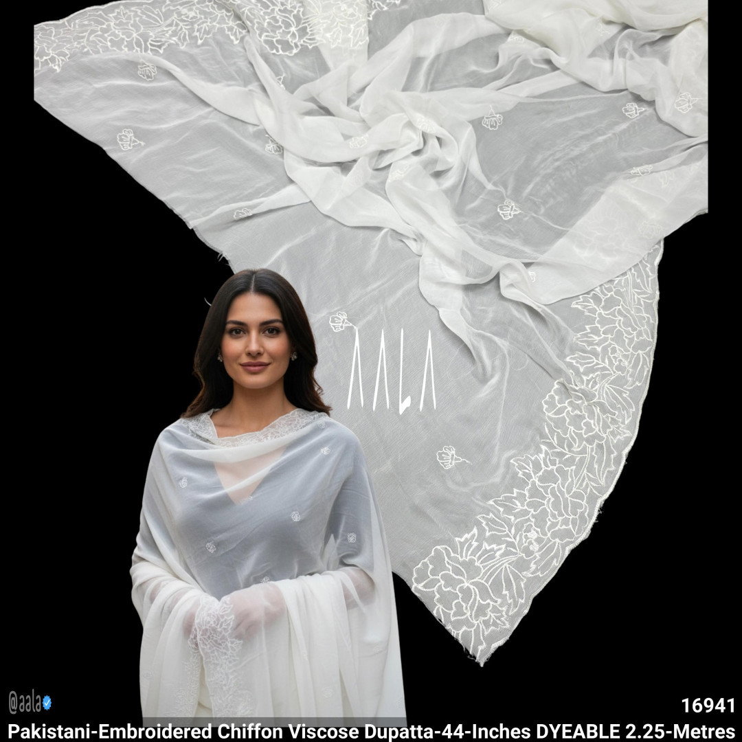 Pakistani-Embroidered Chiffon Viscose Dupatta-44-Inches DYEABLE 2.25-Metres