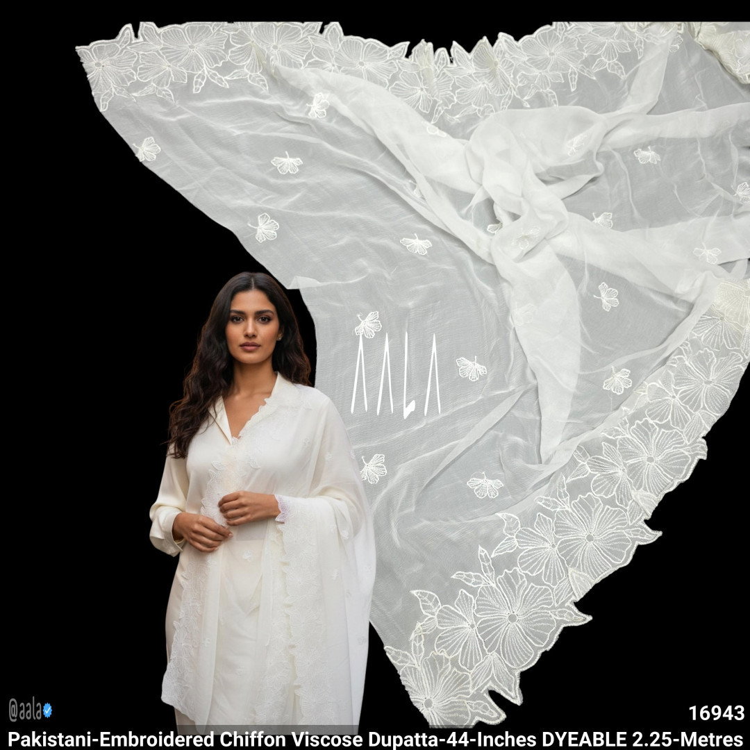 Pakistani-Embroidered Chiffon Viscose Dupatta-44-Inches DYEABLE 2.25-Metres