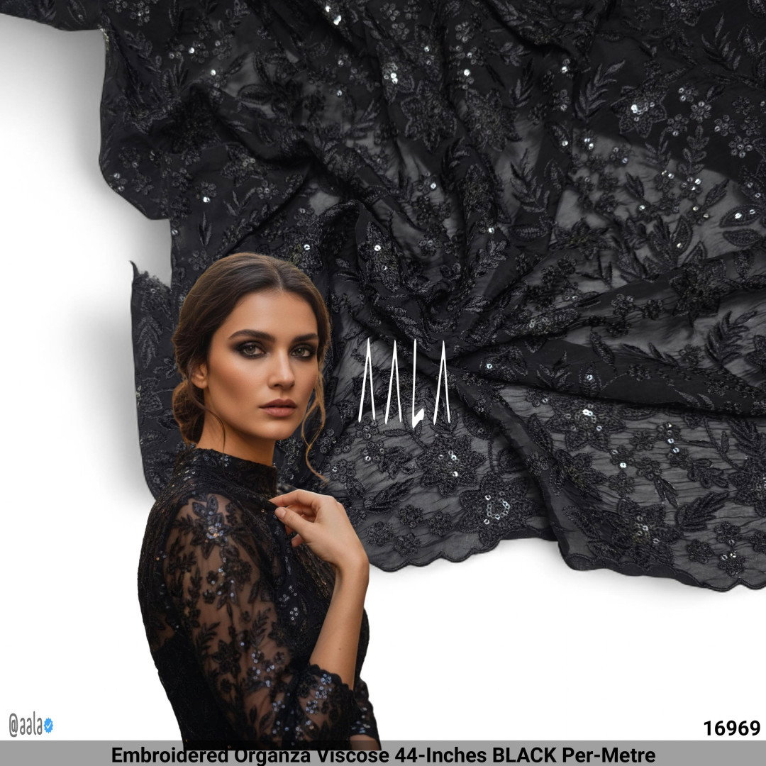 Embroidered Organza Viscose 44-Inches BLACK Per-Metre