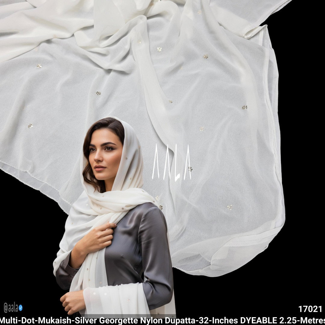 Multi-Dot-Mukaish-Silver Georgette Nylon Dupatta-32-Inches DYEABLE 2.25-Metres