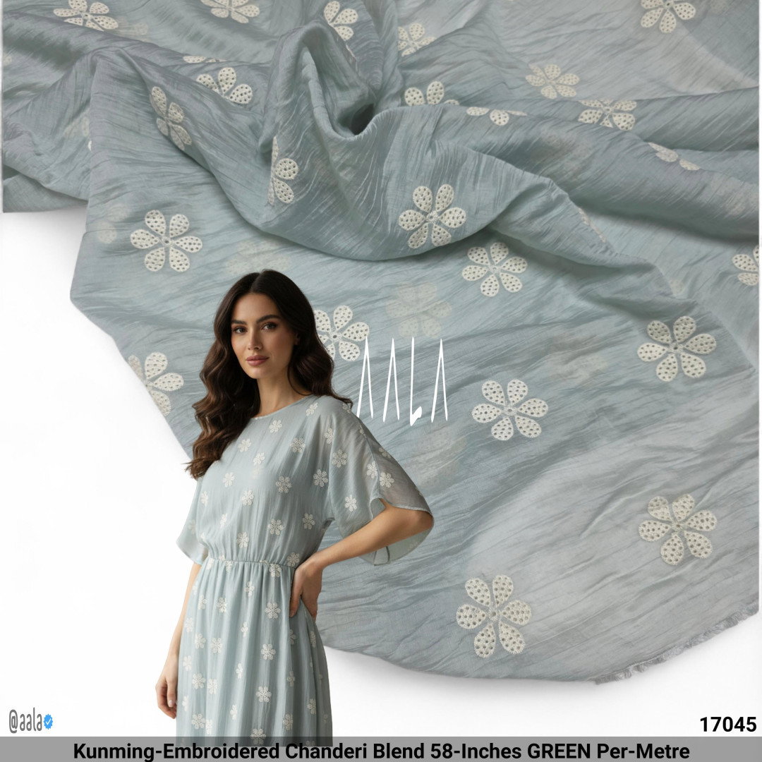 Kunming-Embroidered Chanderi Blend 58-Inches GREEN Per-Metre