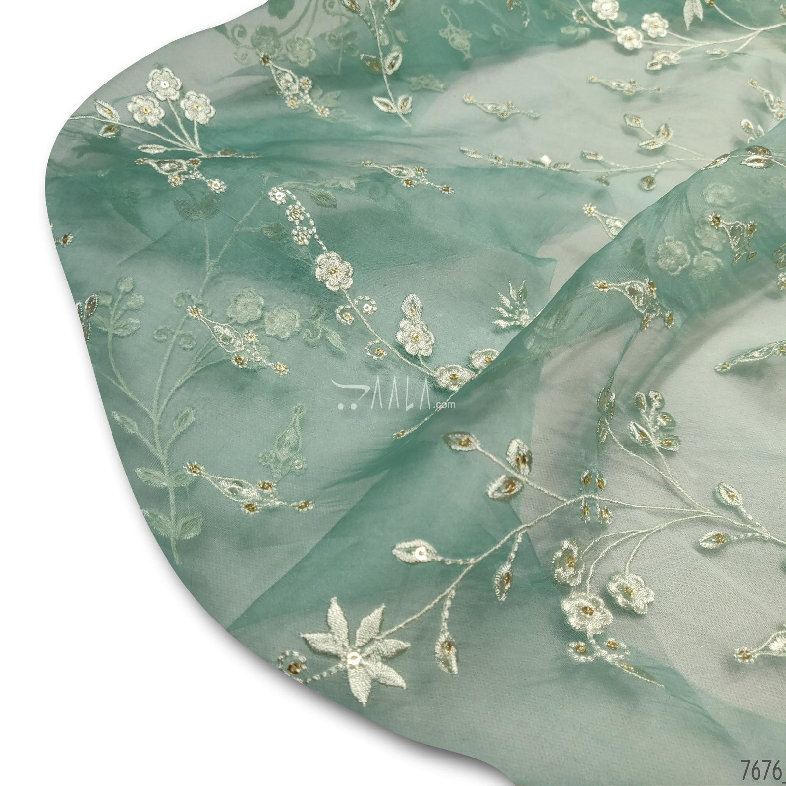 Embroidered Organza Silk 44-Inches GREEN Per-Metre #7676